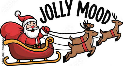 Santa Claus in a Sleigh Pulled by Reindeer with Jolly Mood Text christmas