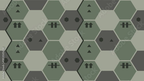 Camouflage Hexagonal Pattern with Geometric Symbols in Green Tones abstract background