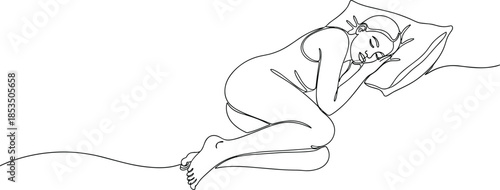 Minimal line art illustration of sleeping woman curled in bed, peaceful female rest pose, hand drawn contour sketch, calm night concept, modern abstract design