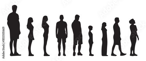“Five Standing Human Figure Silhouettes of Different Heights, Posture and Body Proportion Reference Vector”