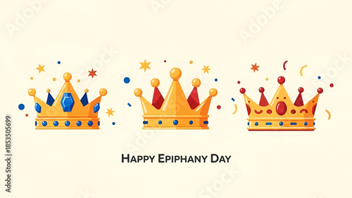 Epiphany Three Kings Day illustration showing royal crowns with happy epiphany day text decorative christian holiday design for greeting card poster banner typography and commercial graphic use