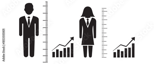 “Five Standing Human Figure Silhouettes of Different Heights, Posture and Body Proportion Reference Vector”