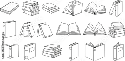 Open and closed book icons collection, blue outline education symbols, reading library illustration set, publishing knowledge learning design elements vector style