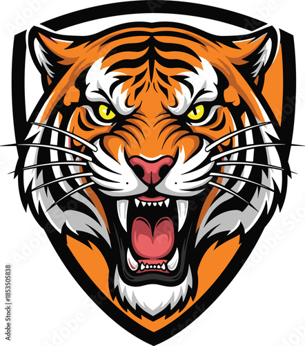 Roaring tiger head mascot logo, fierce wild animal emblem, aggressive predator illustration, sports team branding design, vector graphic icon isolated on white background