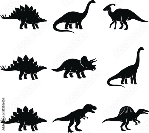 Collection of Black Dinosaur Silhouettes on White Background vector illustration