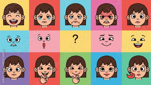 Collection of cartoon girl faces showing different emotions and expressions.