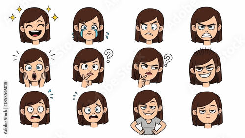 Collection of cartoon girl faces showing different emotions and expressions.