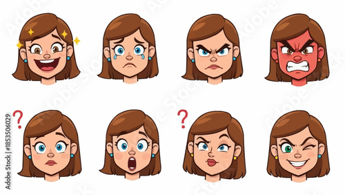 Collection of cartoon girl faces showing different emotions and expressions.