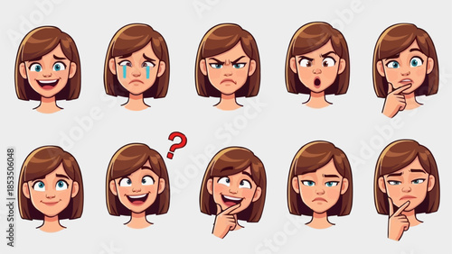 Collection of cartoon girl facial expressions and emotions.