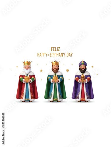 Epiphany Three Kings Day illustration showing magi holding gifts with feliz happy epiphany day text for christian faith celebration greeting design branding and commercial creative use