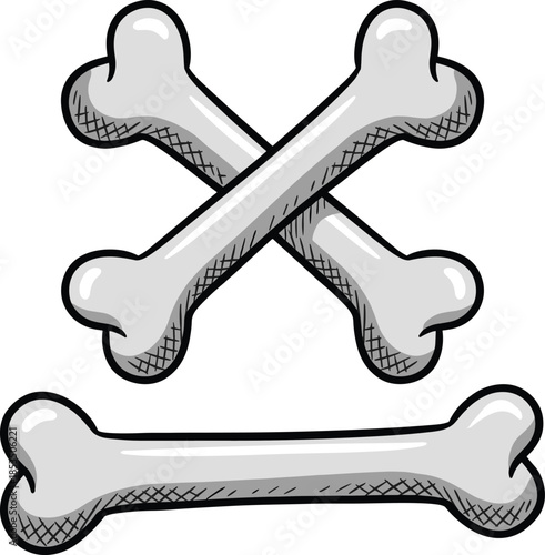 Crossed Cartoon Bones with Hatching Detail and Single Bone on White Background Keywords: bone, bones, crossed bones, pirate, danger