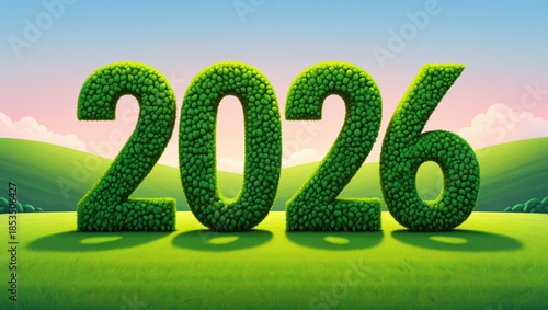 The year 2026 emerges in lush green foliage against a serene natural landscape