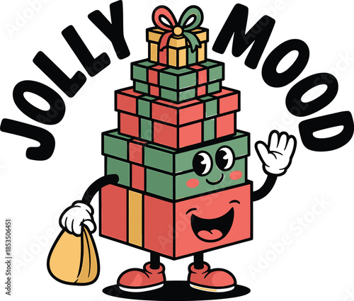Stack of colorful Christmas gift boxes with arms and legs waving and holding a gift bag present holiday