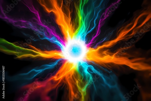 Abstract colorful explosion of light with vibrant energy waves and glowing neon smoke background