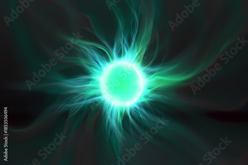 Energy ball glowing with green light and abstract flowing ethereal wavy lines on dark background