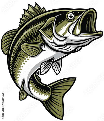 Largemouth bass fish leaping with open mouth and detailed scales in dynamic pose - flat vector illustration