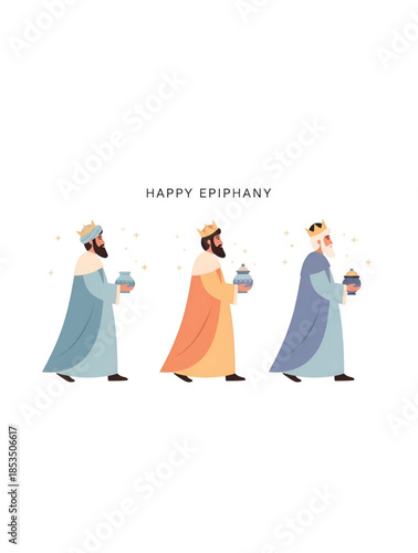Epiphany celebration illustration showing Three Kings walking with gifts symbolizing faith journey devotion tradition culture spirituality history holiday artwork for global Christian festival use