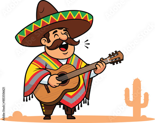 Mexican musician cartoon with sombrero and guitar, joyful cultural character in desert setting with cactus - flat vector illustration