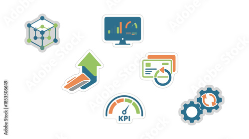 Business and technology icons set on black background