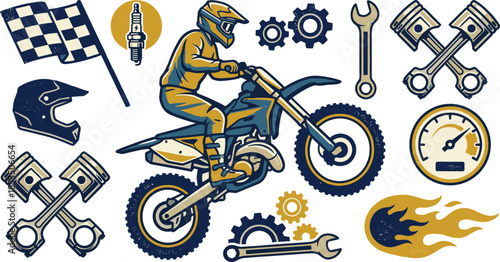 Motocross rider jumping, motorcycle parts, racing icons, mechanical gear, speed elements, extreme sport energy - flat vector illustration