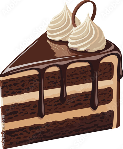 Delicious Slice of Chocolate Cake with Cream and Chocolate Drizzle Keywords: cake, chocolate, dessert, sweet, slice, food, treat