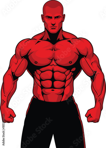 Stylized muscular red figure with clenched fists and dramatic shading, bold anatomy pose for comics or fitness - flat vector illustration