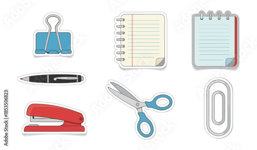 Office supplies set clipboard notebook pen scissors stapler and paperclip