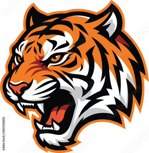 Stylized tiger head with fierce expression and bold fur pattern, dynamic mascot design - flat vector illustration