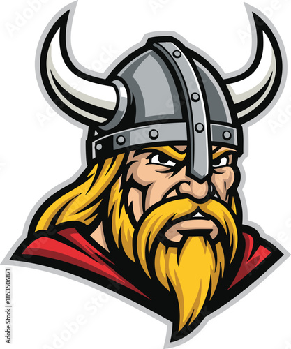 Stylized Viking warrior head with horned helmet, yellow beard, and fierce expression - flat vector illustration