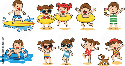Cartoon summer kids activity scene, beach play, surfing, swimming, ice cream fun, joyful dog moment - flat vector illustration