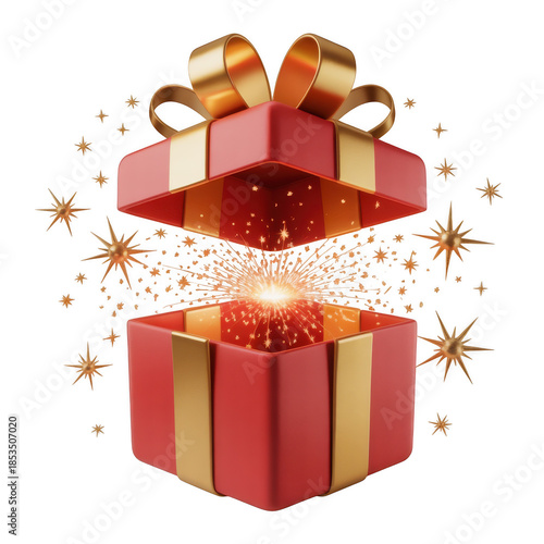 Luxury Red Gift Box with Golden Ribbon and Explosive Sparkle Light for Celebration, Holiday, and Surprise Concept Isolated on Transparent Background