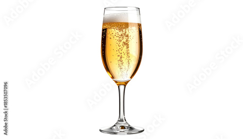 Tall glass filled with sparkling, bubbly beverage, mostly transparent, on black background