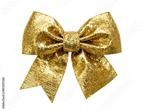 Close-up of a bright, textured gold bow on a transparent background, perfect for holiday decor