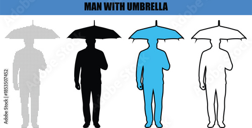 Man with umbrella silhouette line art outline dot dotted style rainy day weather human vector illustration concept. Male figure holding umbrella silhouette line art outline dot dotted style human post