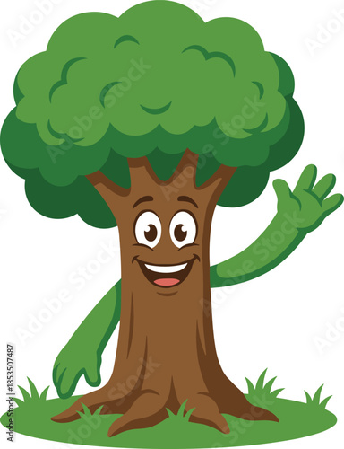 Friendly cartoon tree character with green leaves and brown trunk waving hello vector illustration