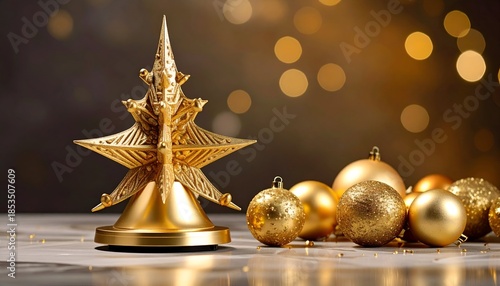 A golden, stylized Christmas tree & ornaments, bokeh background, on a marble-like surface