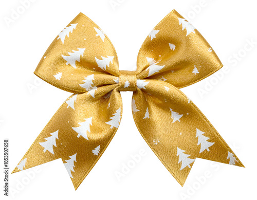 Close-up of a festive, golden satin bow adorned with white Christmas tree pattern
