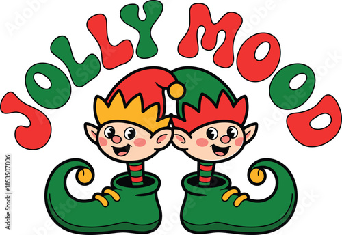 Two Cheerful Elves in Pointed Hats and Boots with Jolly Mood Text Christmas holiday