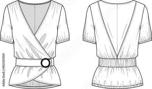 Women wrap blouse technical flat, front and back view, apparel cad drawing flat vector illustration for modern fashion design