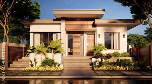 Modern house with brown door and plants.
