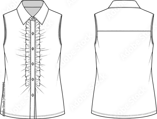 Women sleeveless ruffle blouse technical flat, front and back view, apparel cad drawing flat vector illustration for fashion design