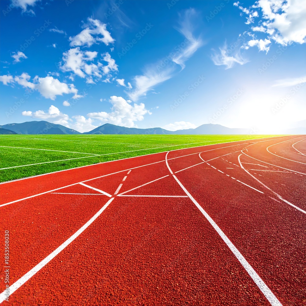 Fototapeta premium Aerial view of a race track on a sunny, blue-sky day
