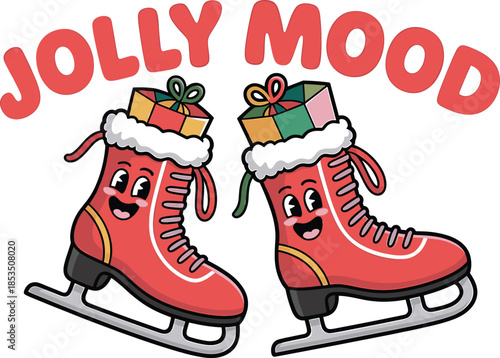 Two Happy Cartoon Ice Skates with Gifts and Jolly Mood Text smiling