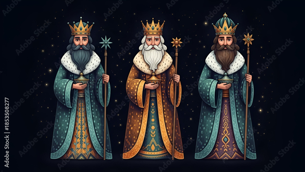 Fototapeta premium Epiphany three kings day illustrated wise men with crowns gifts stars and robes spiritual christian tradition biblical story nativity art for worship education holiday design up now