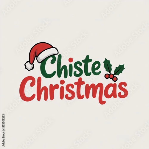 Cute Chiste Christmas Typography with Santa Hat and Holly Leaves on Light Background