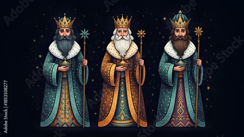 Epiphany three kings day illustrated wise men with crowns gifts stars and robes spiritual christian tradition biblical story nativity art for worship education holiday design up now