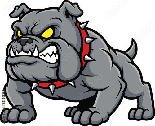 Aggressive cartoon bulldog with glowing eyes, red spiked collar, and fierce stance - flat vector illustration