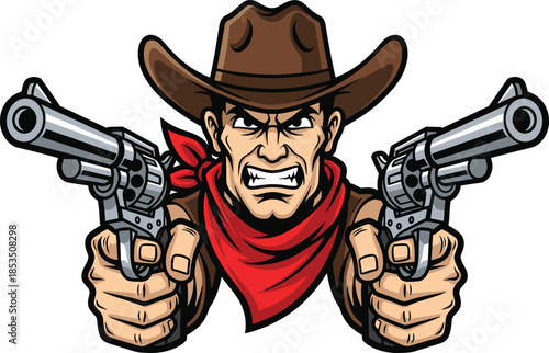 Aggressive cowboy character with revolvers, intense Western outlaw pose, bold muscular gunslinger mascot, dynamic vector artwork - flat vector illustration