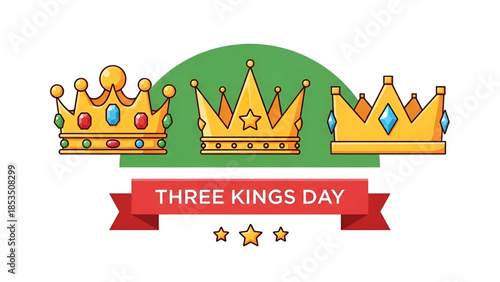 Epiphany crowns illustration for Three Kings Day showing royal headwear symbol faith belief tradition spirituality celebration design art background suitable for religion culture history education 