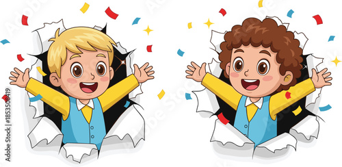 Cartoon children bursting through paper with joyful expressions, confetti celebration and raised arms - flat vector illustration
